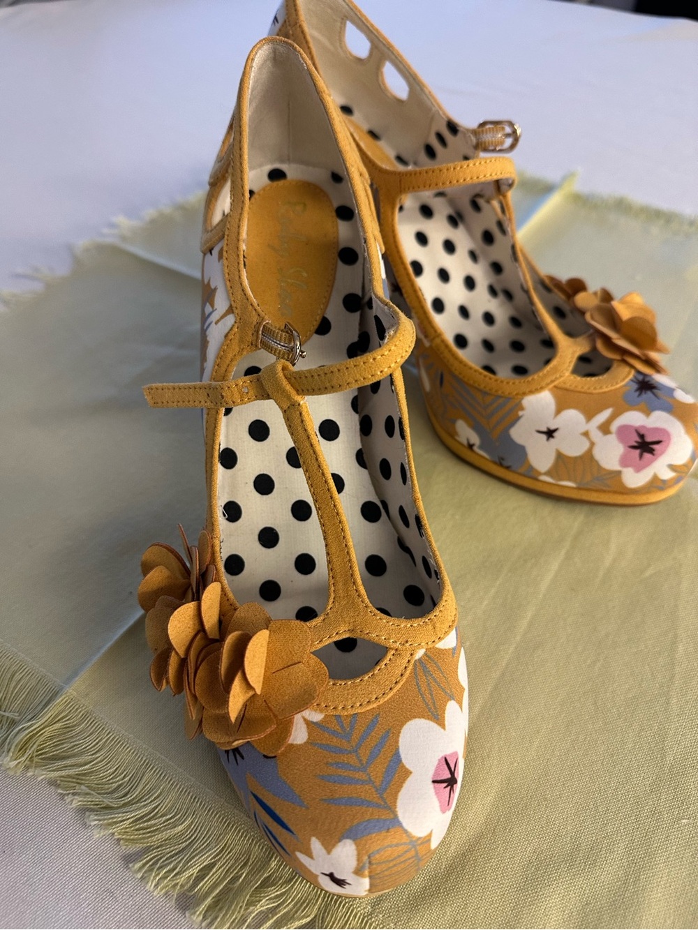 Ruby Shoo Mustard Floral T-Strap Women's Heels